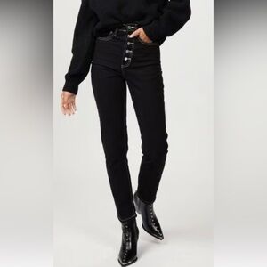 Black button front straight leg jeans with top stitching